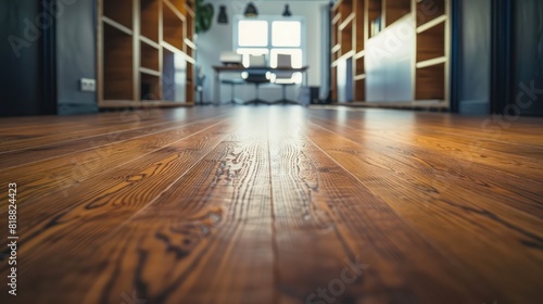 A warm, low angle view highlights the elegant wooden floor leading towards windows letting in natural light © Matthew