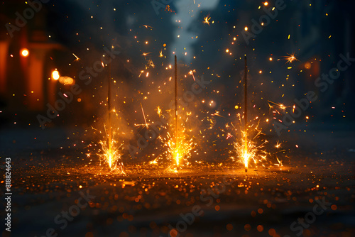 A close-up of sparklers being lit during Diwali, with a bokeh effect in the background