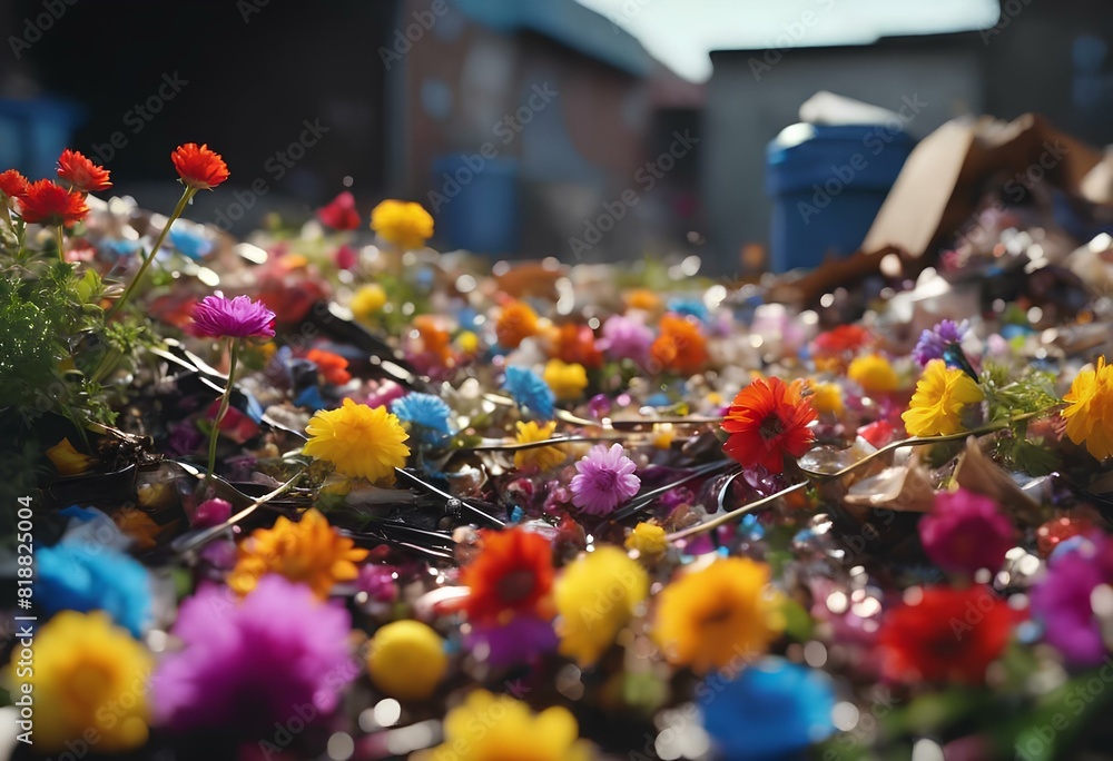 Colorful flowers, fresh flowers growing on city garbage piles, illustrations, backgrounds