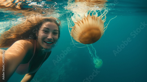 lady swimming in sea in front of a dangerous venomous jelly fish