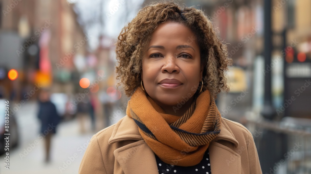 Fototapeta premium A Black woman with a scarf around her neck standing on a city street