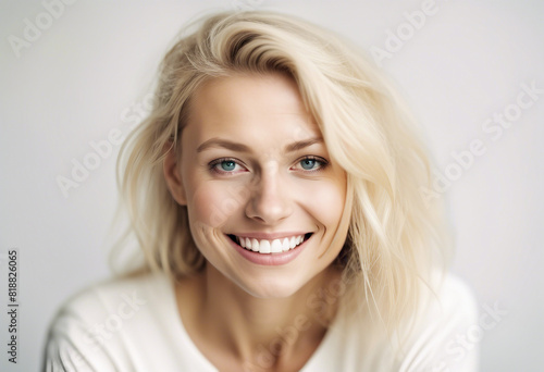 a young Swedish blonde and Caucasian woman with a sincere smile, isolated white background 