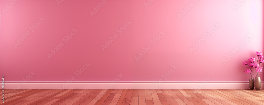 Fototapeta premium Empty room with pink blank wall and wooden floor, generated ai 