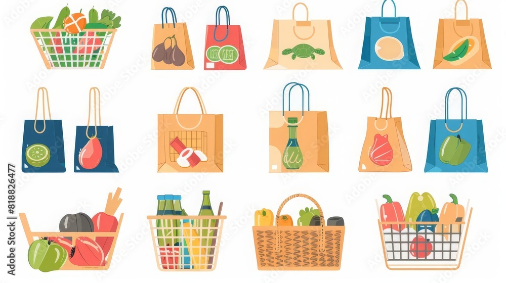 Shopping bags and baskets flat vector illustrations set Grocery purchases, paper and plastic packages, turtle bags with products Natural food, organic fruits and vegetable Department store goods,