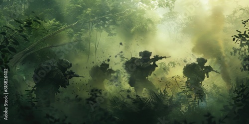 Armed soldiers amidst dense forest, engulfed in smoke, engaged in warfare photo
