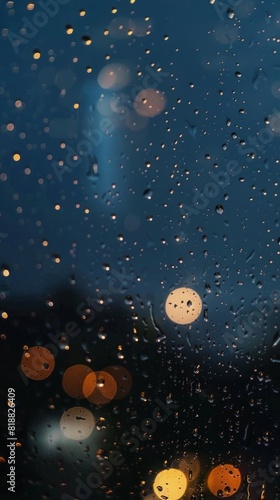 Raindrops cling to a windowpane against a backdrop of a city's glowing lights, creating a bokeh effect on a rainy evening. A night cityscape with bokeh in the background.