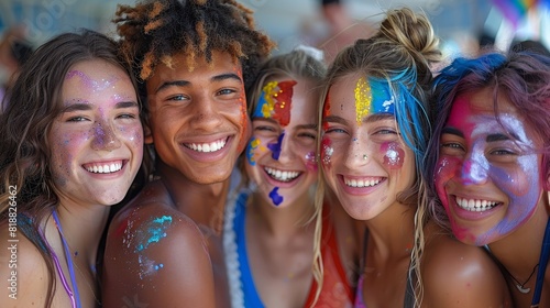 A group of friends with face paint in rainbow colors at a festival, joyful and carefree, celebrating diversity and LGBT pride