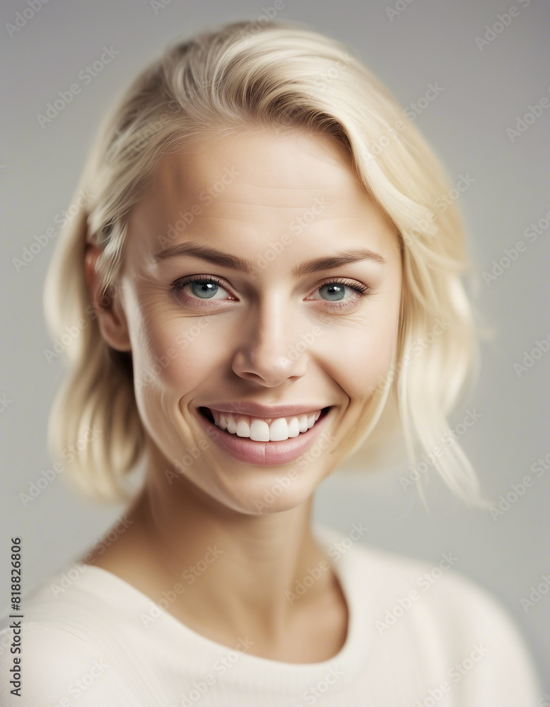 Fototapeta premium a young Swedish blonde and Caucasian woman with a sincere smile, isolated white background 