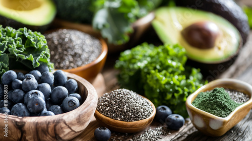 Assorted superfoods on a wooden table, including blueberries, chia seeds, kale, and avocado, with a rustic kitchen background 