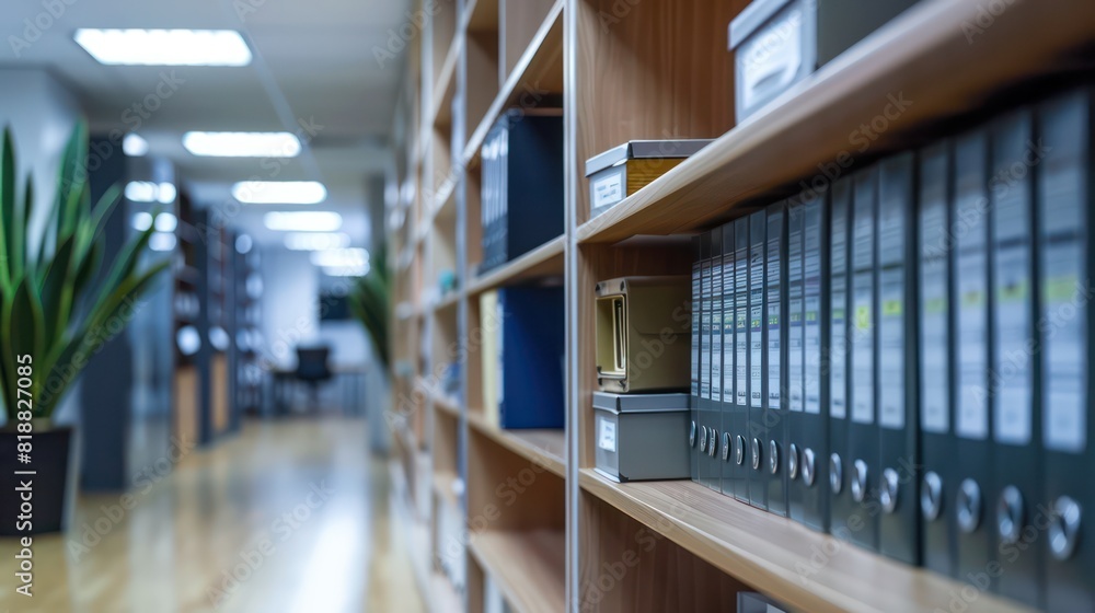 View of a modern office with file storage, showing binders neatly arranged on shelves in focus