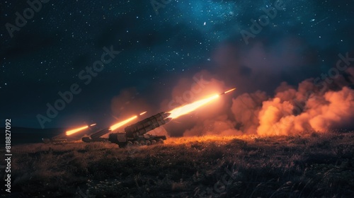 Artillery rocket systems fire at enemy positions at night. Multiple launch rocket system photo
