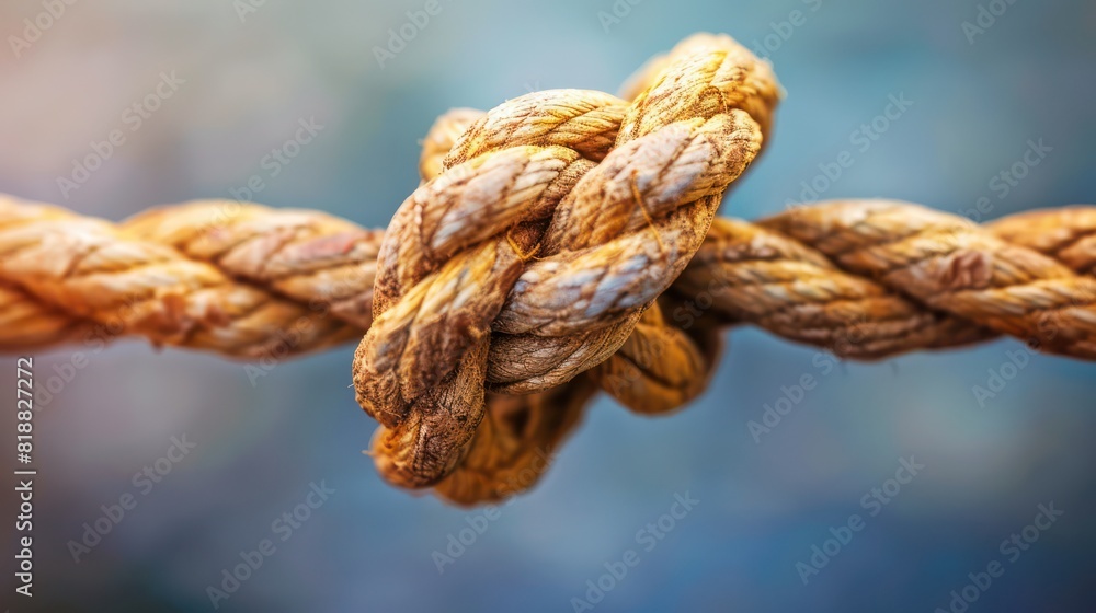 A macro shot showcasing the detailed texture and intertwined fibers of a robust knotted rope on a blurred background A macro shot showcasing the detailed texture and intertwined fibers of a robust knotted rope on a blurred background