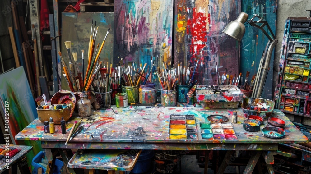 Fototapeta premium Artist's desk covered in colors, brushes and pallets - great art and beauty from chaos