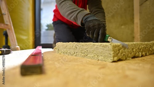 Worker Cutting Piece of Mineral Wool Insulation photo