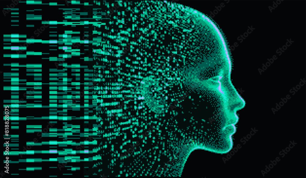 Green 3D human profile made of pixels and particles on dark background. Conceptual vector illustration of identity in virtual reality. Green 3D human profile made of pixels and particles on dark background. Conceptual vector illustration of identity in virtual reality.