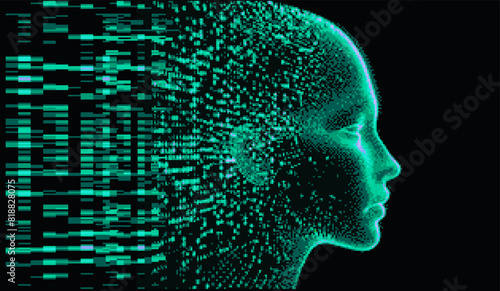 Green 3D human profile made of pixels and particles on dark background. Conceptual vector illustration of identity in virtual reality.