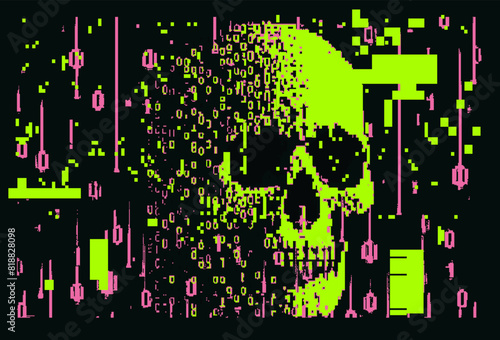 Collage of a skull and binary code on a glitchy pixelated background. The concept of cybersecurity and malware.