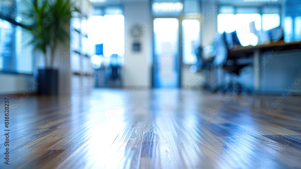 Focus on the wooden floor with offices out of focus in the background, conveying a busy work environment Focus on the wooden floor with offices out of focus in the background, conveying a busy work environment