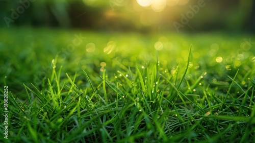 A close-up shot of fresh green grass with dew drops shimmering in the morning sunlight, indicating new beginnings and growth