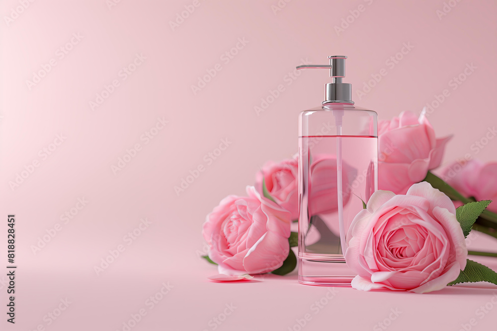 mockup cosmetics glass jar with pump with cream,oil , soup with pink rose flowers on pastel pink background with copy space. Cosmetic product , Beauty presentation, Skincare advertisement, packaging mockup cosmetics glass jar with pump with cream,oil , soup with pink rose flowers on pastel pink background with copy space. Cosmetic product , Beauty presentation, Skincare advertisement, packaging