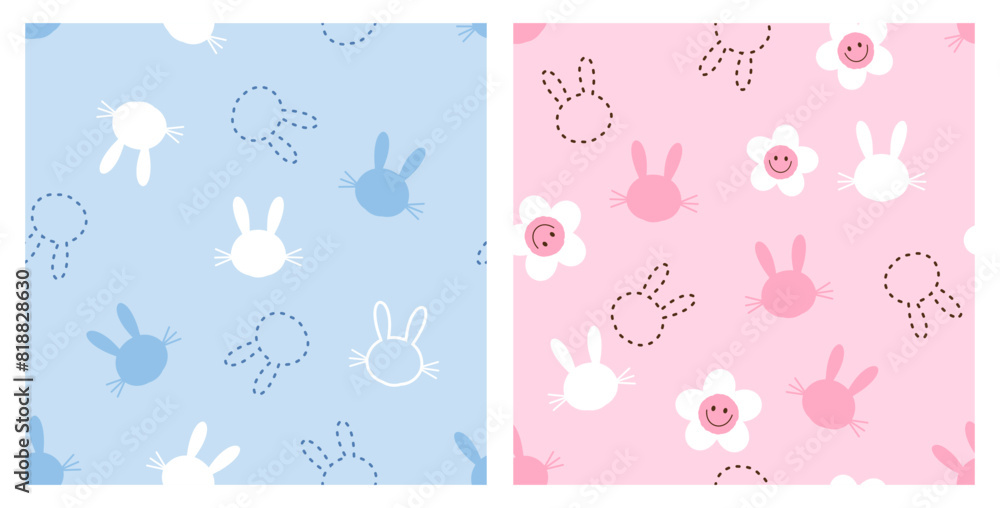 Seamless pattern with bunny rabbit cartoons and daisy flower on blue and pink backgrounds vector. Cute childish print.
