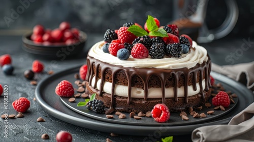 A mouthwatering photo of a decadent chocolate cake adorned with fresh berries and swirls of whipped cream, perfect for food photography and dessert menus.