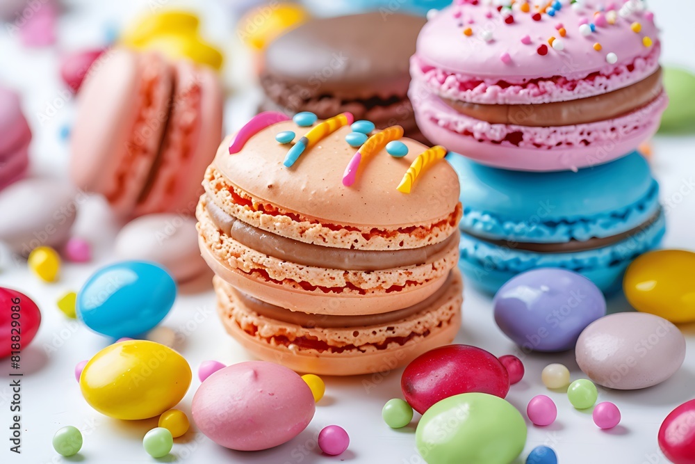 Vibrant Array of Macarons and Candies on White Background  