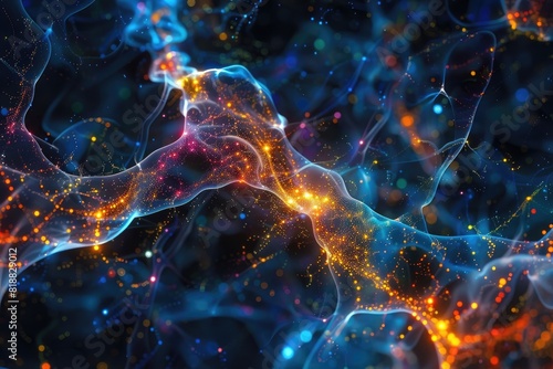 An abstract representation of a generative AI's thought process, with colorful neural network nodes connecting and expanding in a dark space