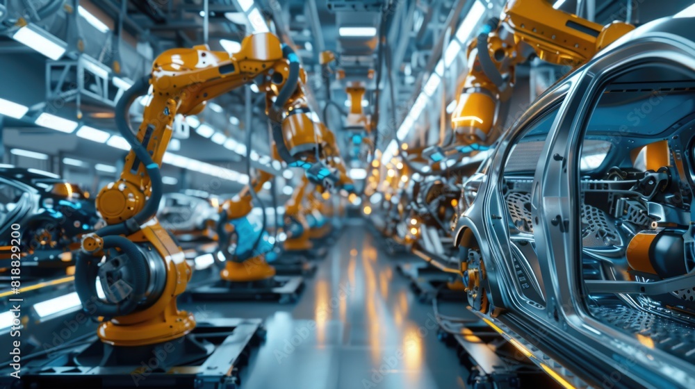Automated production with robotic arm for high-tech electric vehicles. Automated production with robotic arm for high-tech electric vehicles.