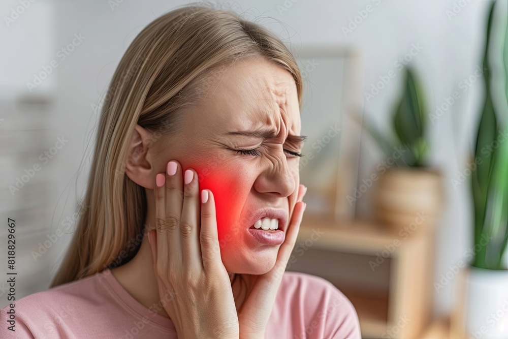 Young woman experiencing severe toothache with hand on cheek Young woman experiencing severe toothache with hand on cheek
