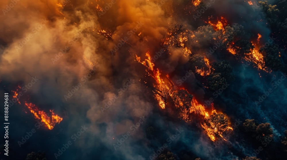 Aerial view of a forest fire spreading rapidly through dry vegetation