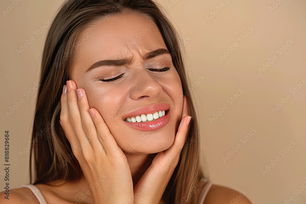 Young woman experiencing severe toothache pain against a neutral background Young woman experiencing severe toothache pain against a neutral background