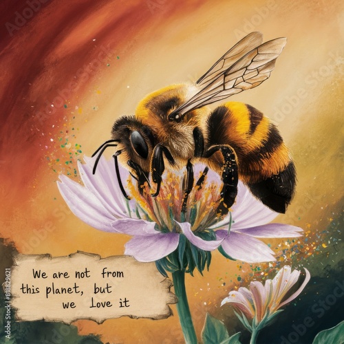 Funny bee and the inscription We are not from this planet But we love it
