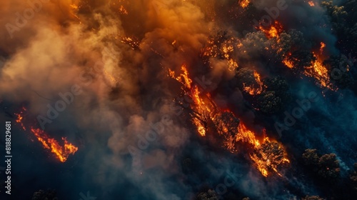 Aerial view of a forest fire spreading rapidly through dry vegetation