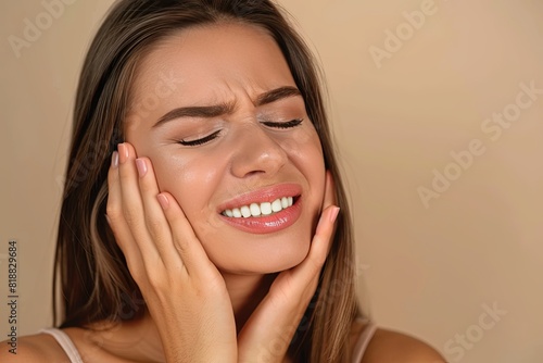 Young woman experiencing severe toothache pain against a neutral background