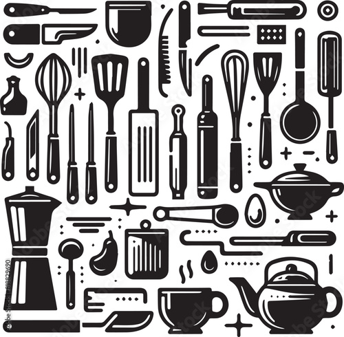Kitchen tools set vector silhouette illustration. Kitchen equipment and dishwasher. Vector illustration in flat style with silhouettes isolated on background.
