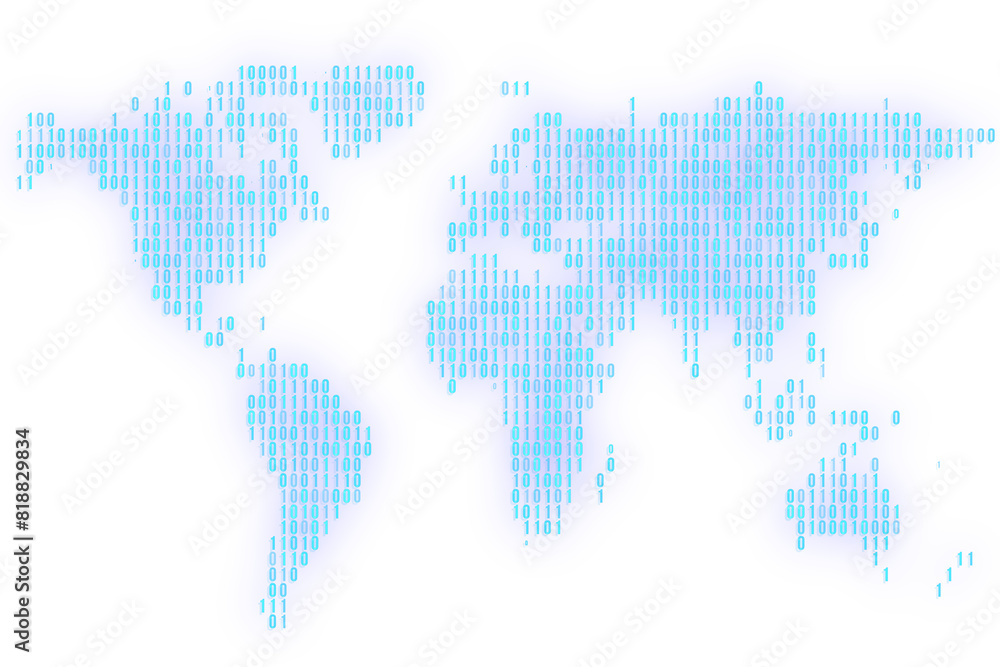 Digital binary code forming a world map silhouette on a white ...