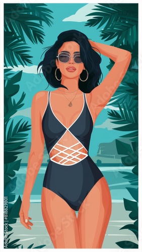  illustration of a young woman in a swimsuit in the tropics