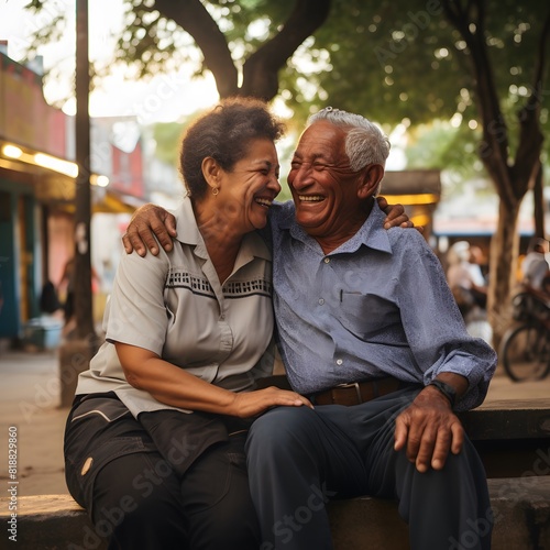 Happy Latin American senior couple sitting together outdoors. Generative AI.