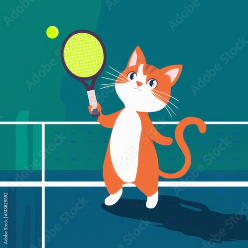 Cute red cat plays tennis