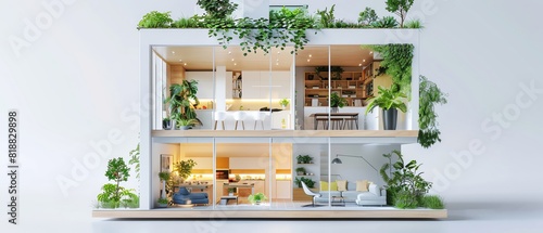 Green technology home with a crosssection view highlighting sustainable living and indoor plants photo
