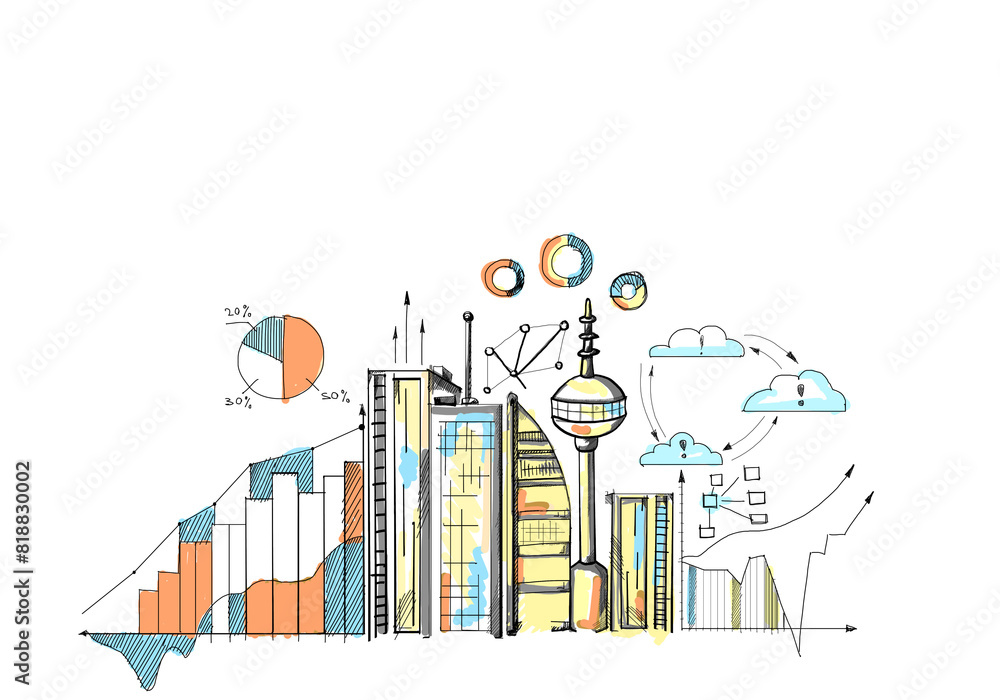 A colorful hand-drawn sketch of statistical analysis with graphs, charts, buildings, and clouds on a white background, concept of urban analytics A colorful hand-drawn sketch of statistical analysis with graphs, charts, buildings, and clouds on a white background, concept of urban analytics