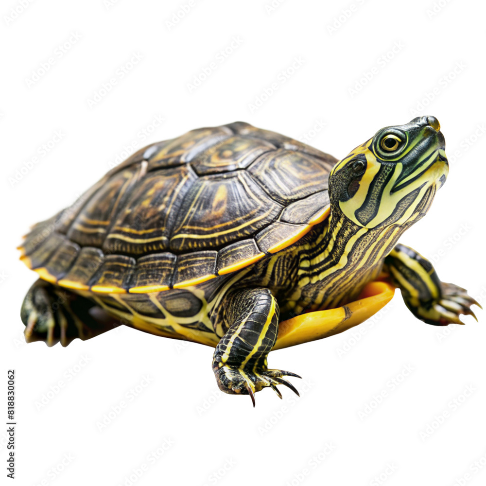 Obraz premium A turtle on a transparent background, with its head turned to the right.