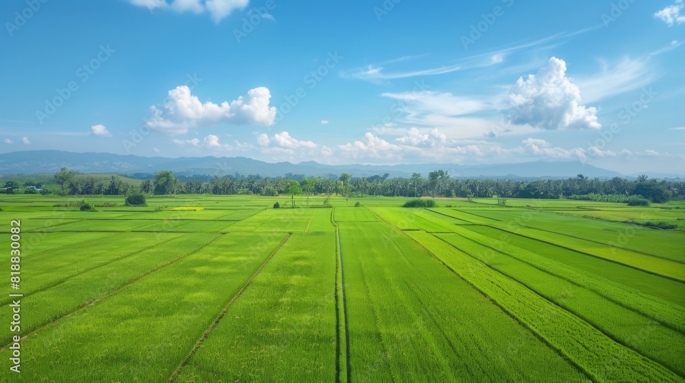 Aerial view of lush green paddy fields stretching to the horizon under a clear blue sky Aerial view of lush green paddy fields stretching to the horizon under a clear blue sky