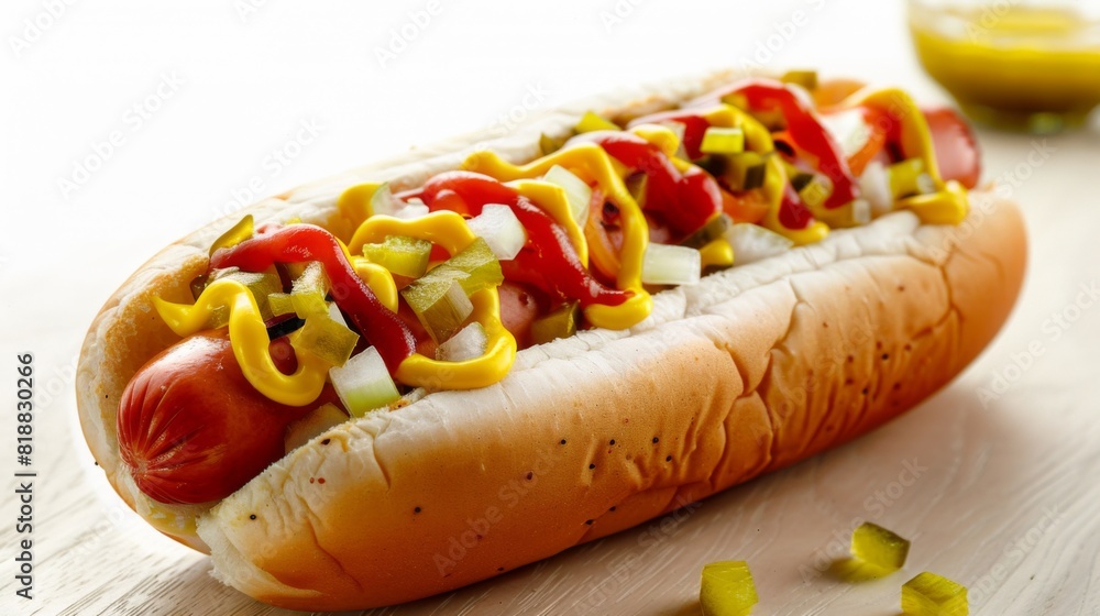 All-American hot dog topped with mustard, ketchup, onions, and relish in a soft bun All-American hot dog topped with mustard, ketchup, onions, and relish in a soft bun