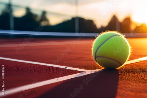wide angle close up photograph of tennis ball on court during sunset competitive individual sports