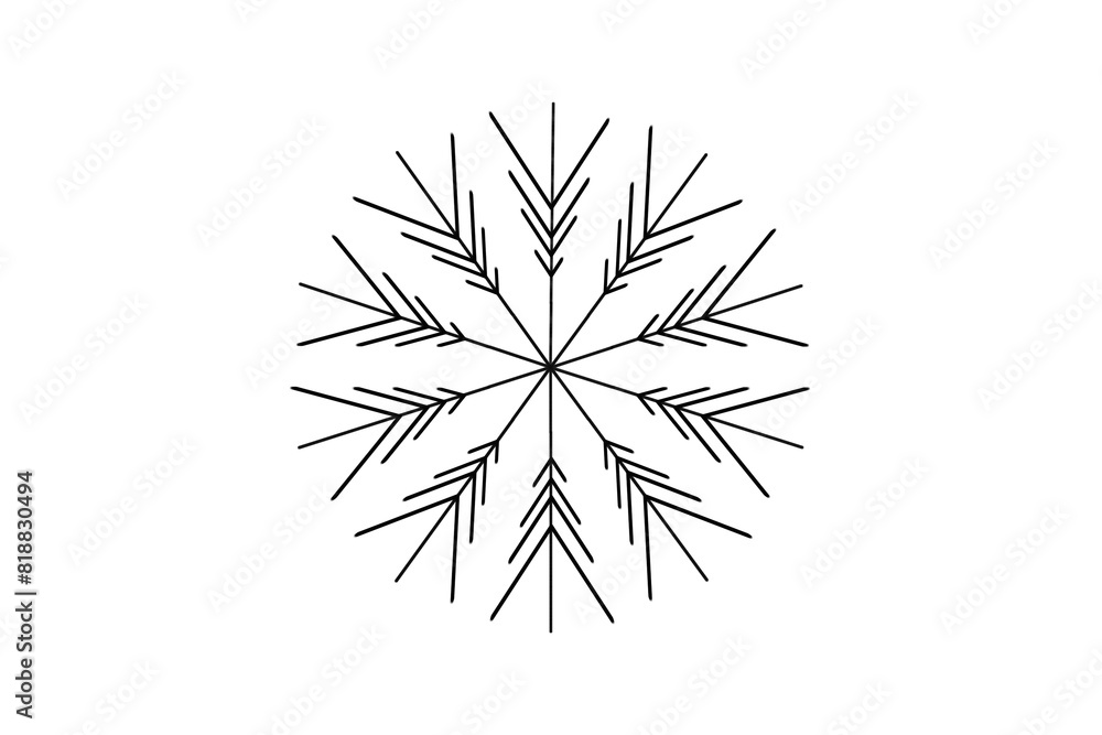 Fototapeta premium A black and white illustration of a snowflake on a white background, depicting a concept of winter or cold