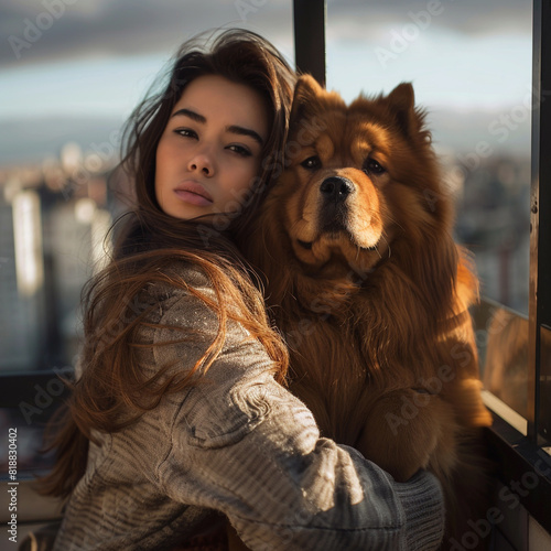 Una modelo española morena con pecas cepilla el pelo de un perro Chow Chow esponjoso en su balcón con vista a la ciudad. 