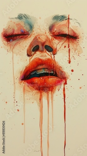 Painting of a woman's face with blood dripping down. Vertical background 