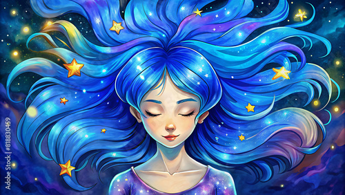 illustration of a woman with flowing hair, gazing up at a night sky filled with stars